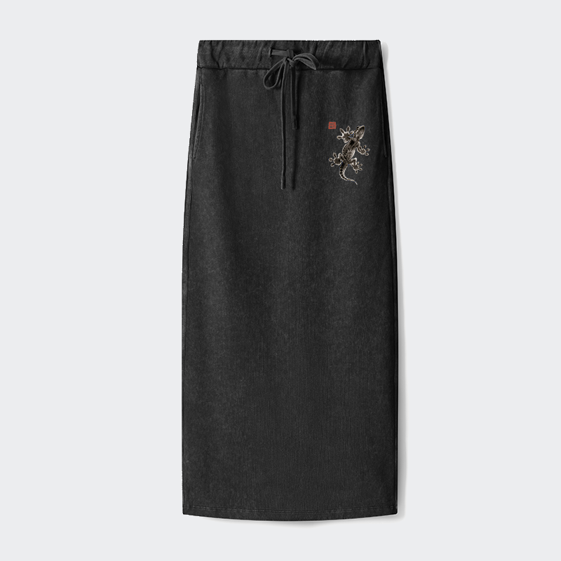 Tokyo-Tiger Minimal Asian Ink Brush Gecko Vibe Washed Terry Skirt
