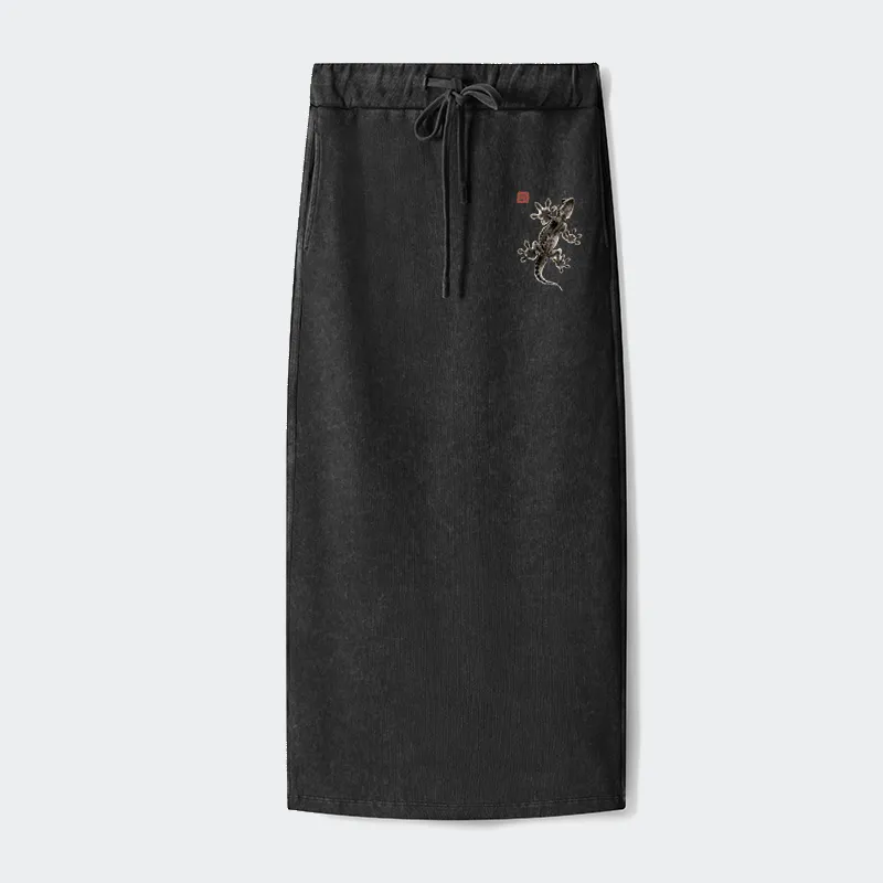 Tokyo-Tiger Minimal Asian Ink Brush Gecko Vibe Washed Terry Skirt Sale