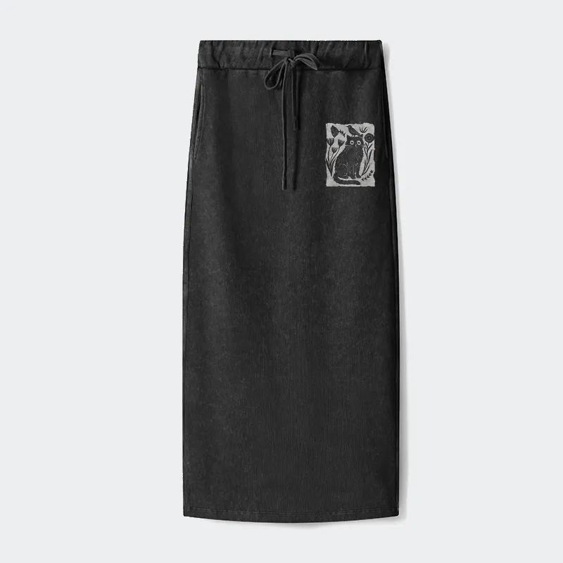 Tokyo-Tiger Folk Paper Cut Cat Bird Floral Art Washed Terry Skirt Sale