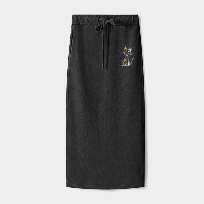 Tokyo-Tiger Minimal Splash Ink Cute Cat Washed Terry Skirt