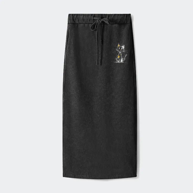 Tokyo-Tiger Minimal Splash Ink Cute Cat Washed Terry Skirt Sale