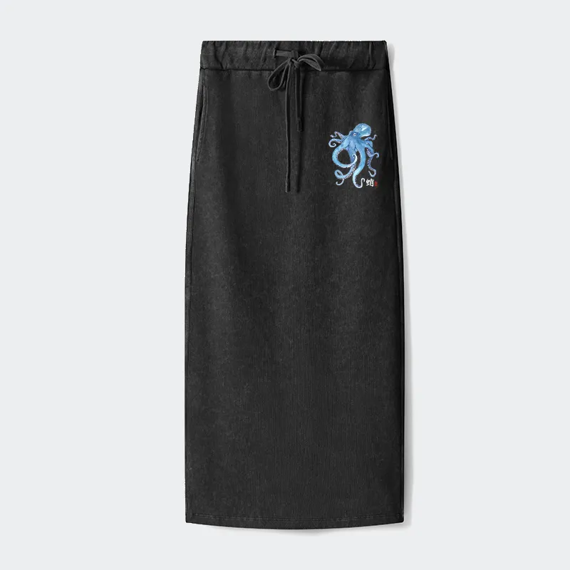 Tokyo-Tiger Watercolor Blue Octopus Washed Terry Skirt