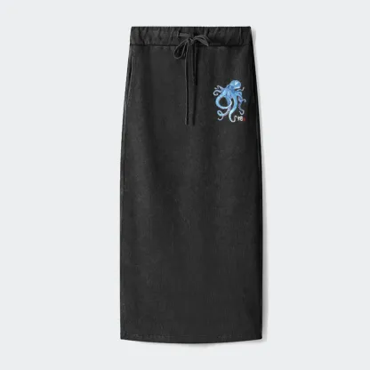 Tokyo-Tiger Watercolor Blue Octopus Washed Terry Skirt