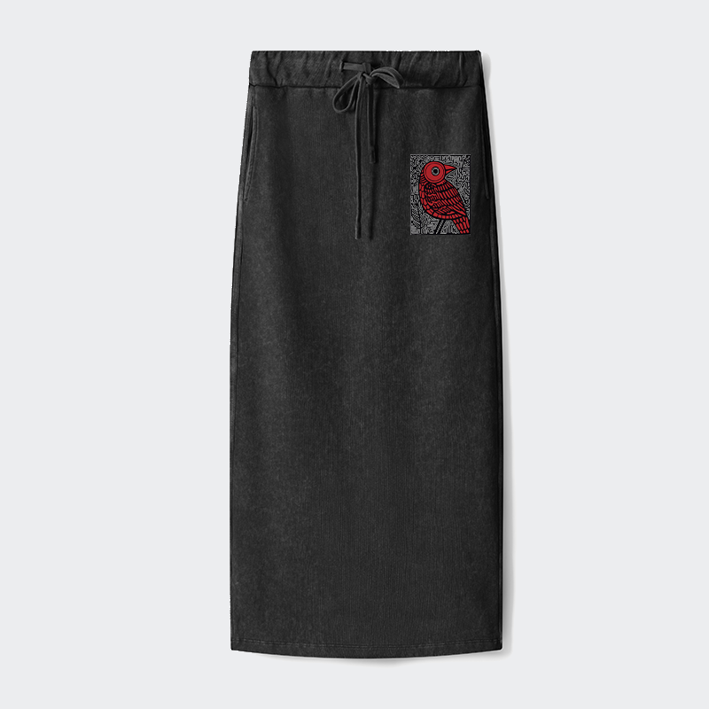 Tokyo-Tiger Retro Woodblock Bird Washed Terry Skirt
