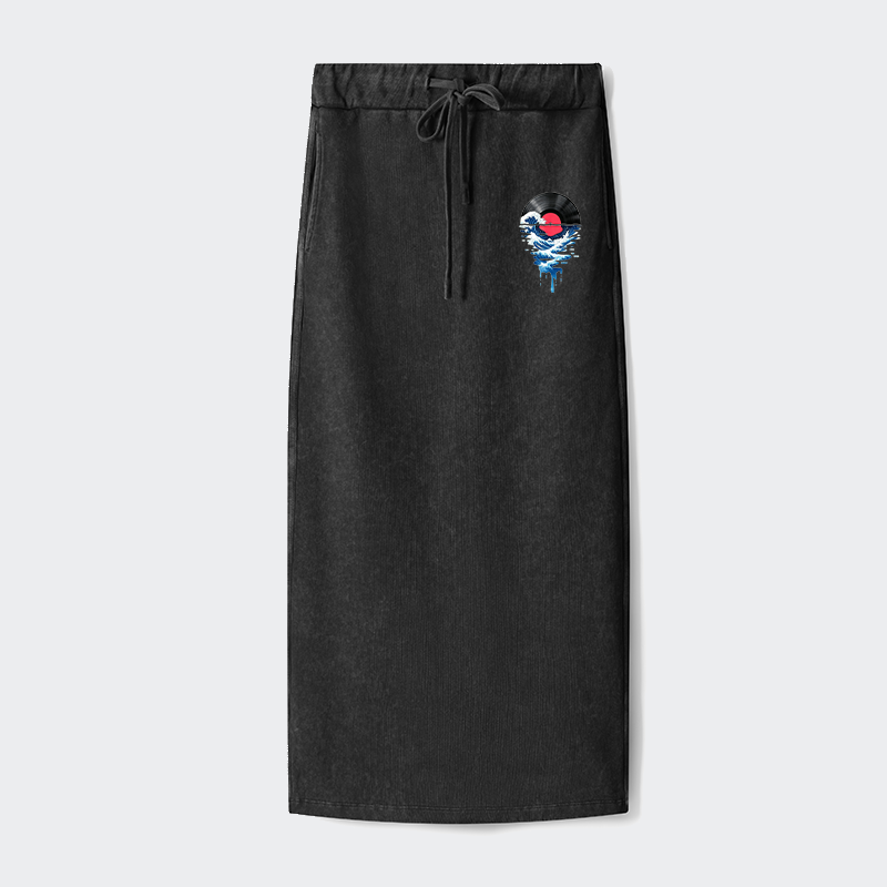 Tokyo-Tiger Vinyl Records And Waves Washed Terry Skirt
