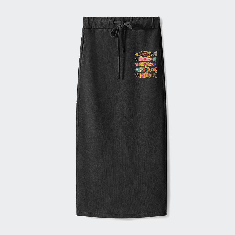 Tokyo-Tiger Colorful Patterned Fish Washed Terry Skirt