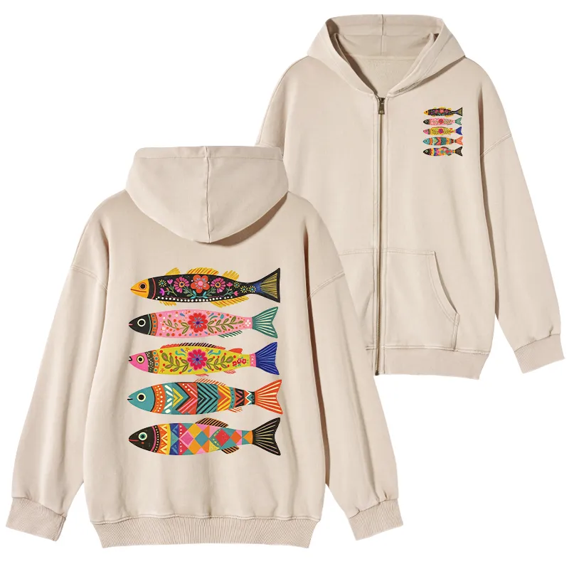Tokyo-Tiger Colorful Patterned Fish Washed Zip Hoodie