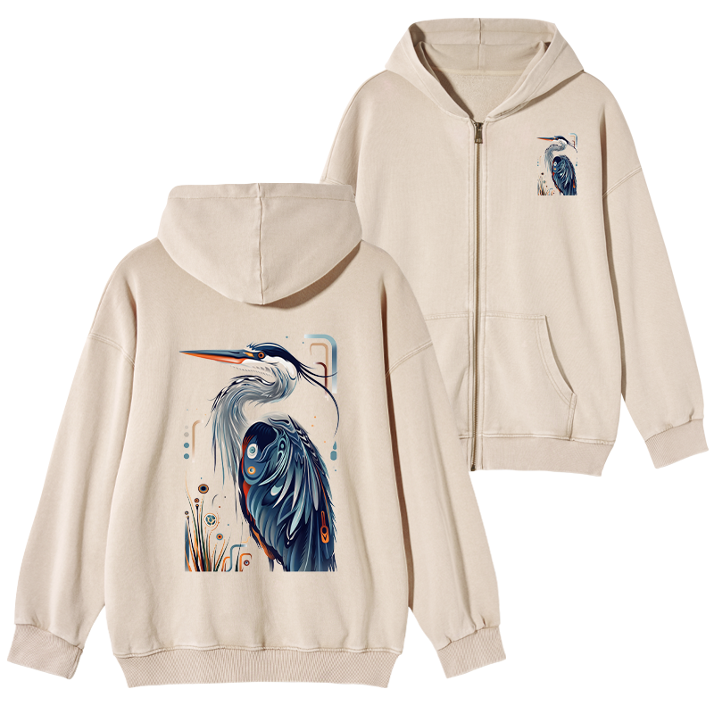 Tokyo-Tiger Stylish Blue Heron Washed Zip Hoodie