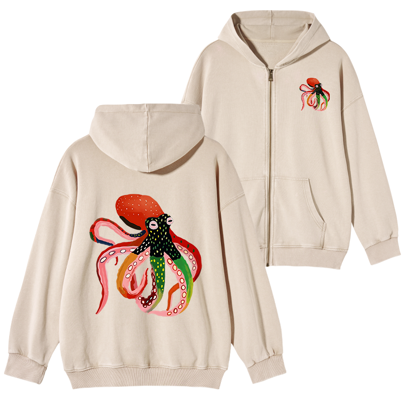 Tokyo-Tiger Colorful Octopus Art Washed Zip Hoodie