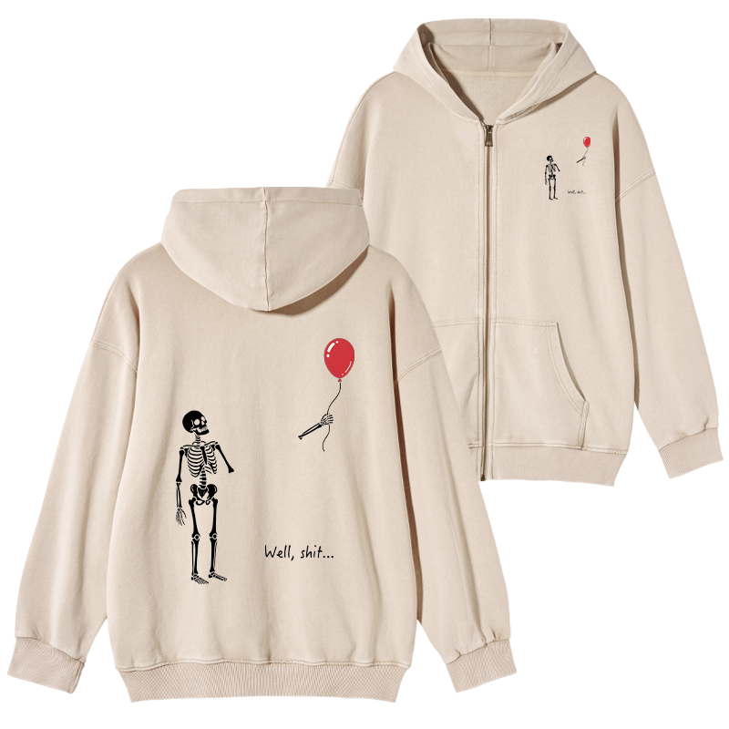 Tokyo-Tiger Skeleton Balloon Meme Washed Zip Hoodie