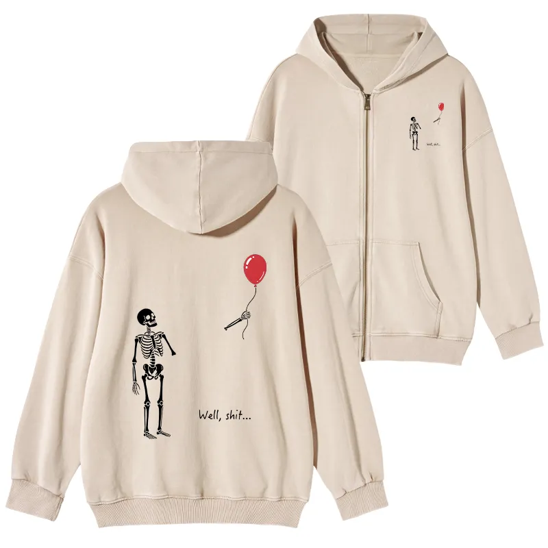 Tokyo-Tiger Skeleton Balloon Meme Washed Zip Hoodie