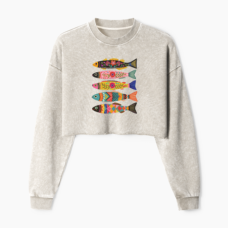 Tokyo-Tiger Colorful Patterned Fish Washed Crop Sweatshirt