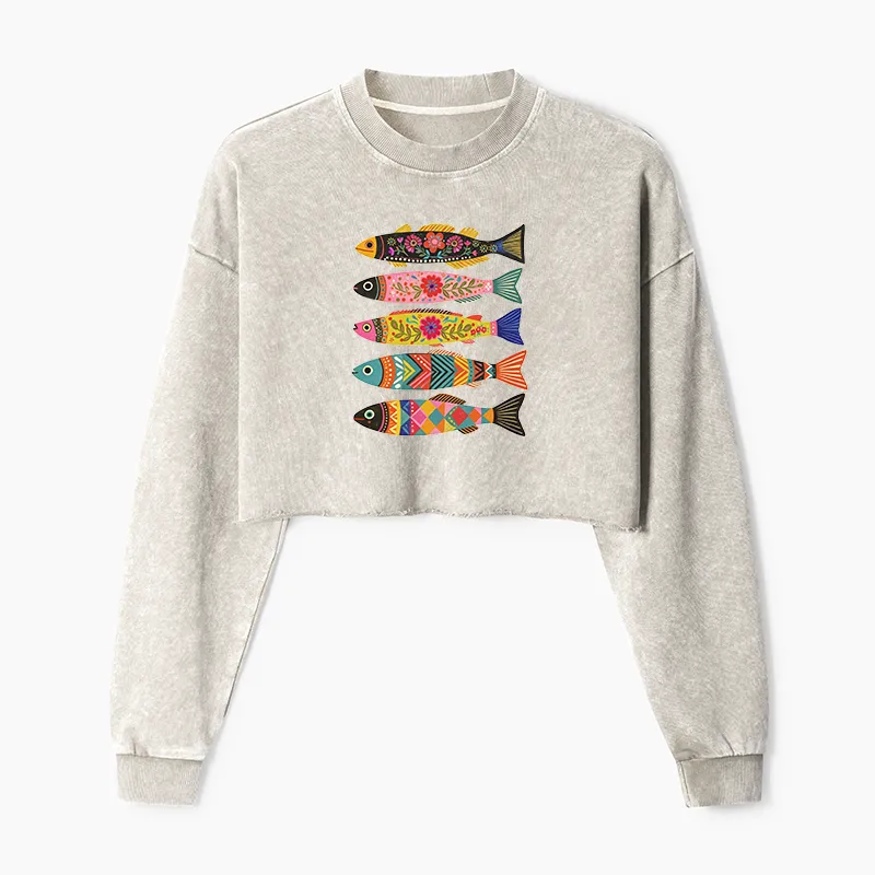 Tokyo-Tiger Colorful Patterned Fish Washed Crop Sweatshirt Sale