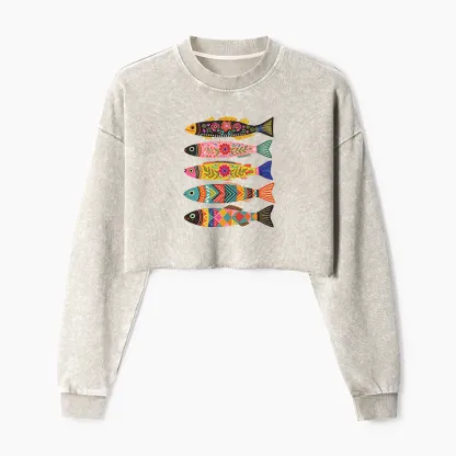 Tokyo-Tiger Colorful Patterned Fish Washed Crop Sweatshirt