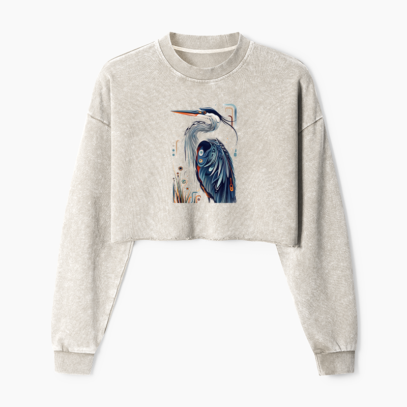 Tokyo-Tiger Stylish Blue Heron Washed Crop Sweatshirt