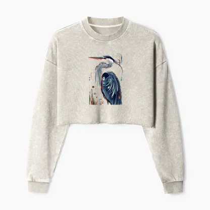 Tokyo-Tiger Stylish Blue Heron Washed Crop Sweatshirt