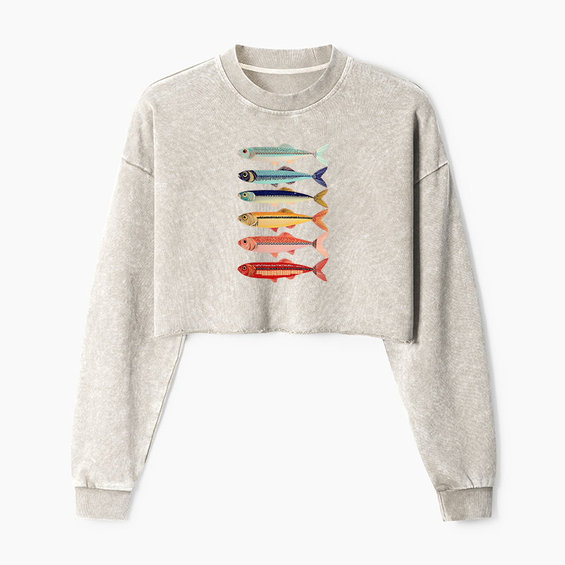 Tokyo-Tiger Colorful Fish Stack Washed Crop Sweatshirt