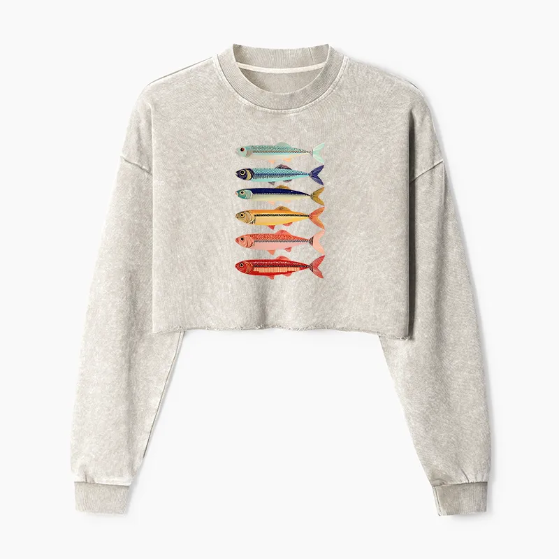 Tokyo-Tiger Colorful Fish Stack Washed Crop Sweatshirt