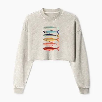 Tokyo-Tiger Colorful Fish Stack Washed Crop Sweatshirt