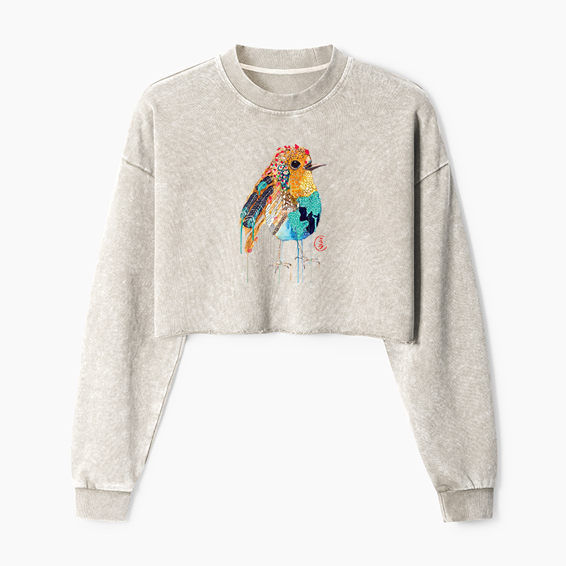 Tokyo-Tiger Sparkly Wild Bird Washed Crop Sweatshirt