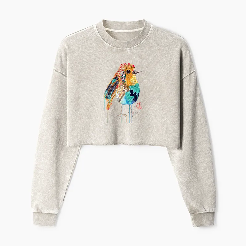 Tokyo-Tiger Sparkly Wild Bird Washed Crop Sweatshirt