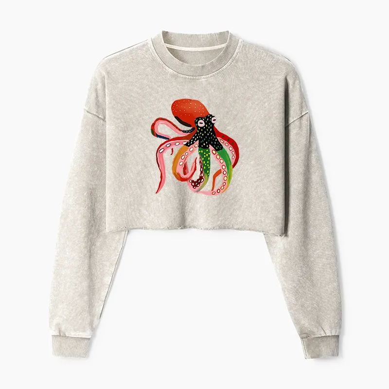 Tokyo-Tiger Colorful Octopus Art Washed Crop Sweatshirt