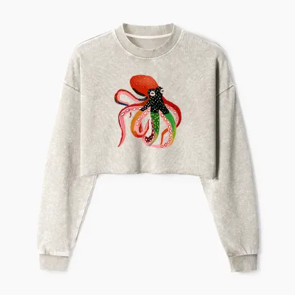 Tokyo-Tiger Colorful Octopus Art Washed Crop Sweatshirt