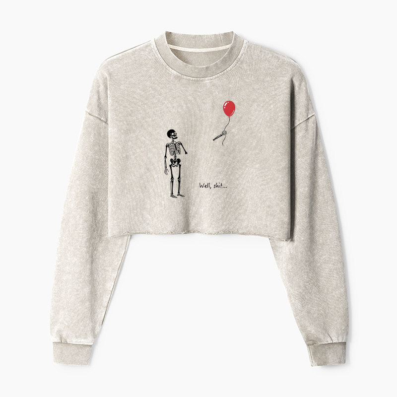 Tokyo-Tiger Skeleton Balloon Meme Washed Crop Sweatshirt