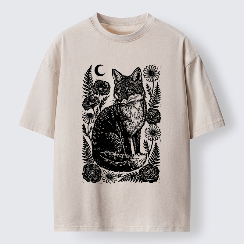 Tokyo‑Tiger Wild Fox Floral Vibe Washed T‑Shirt