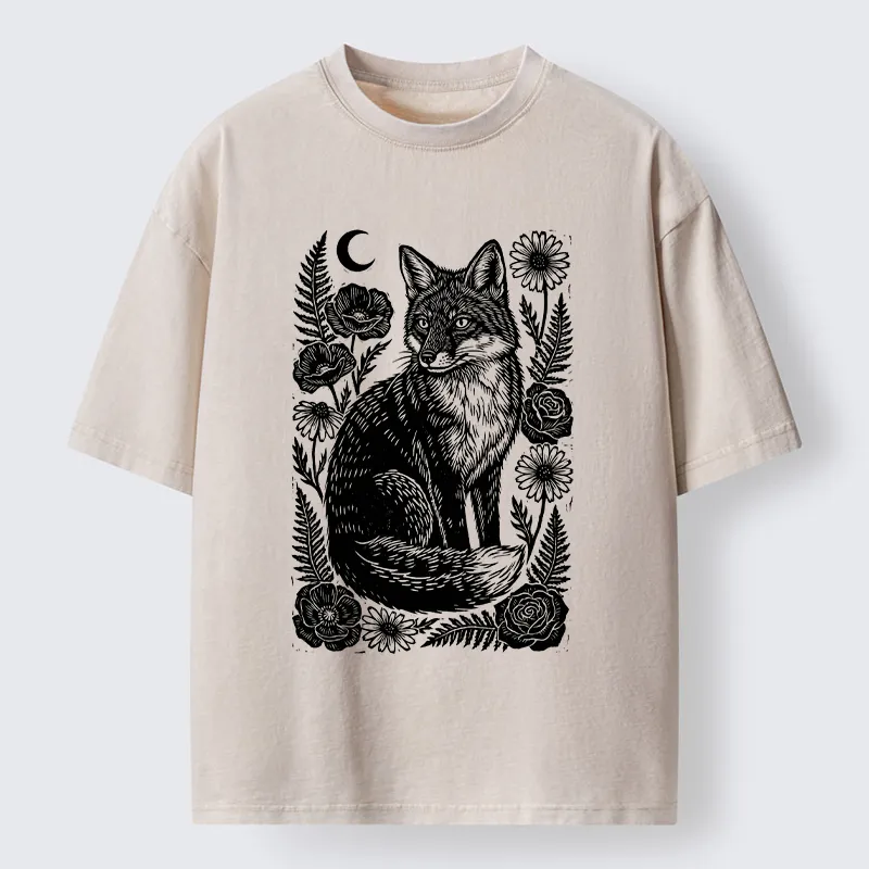 Tokyo‑Tiger Wild Fox Floral Vibe Washed T‑Shirt