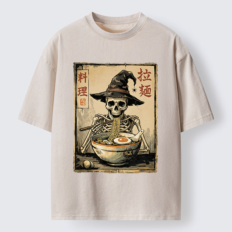 Tokyo‑Tiger Skeleton Ramen Meme Washed T‑Shirt