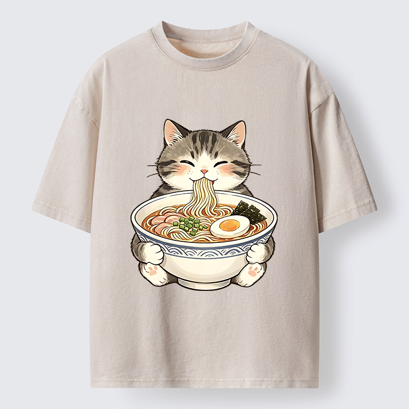 Tokyo‑Tiger Funny Cat Ramen Meme Washed T‑Shirt
