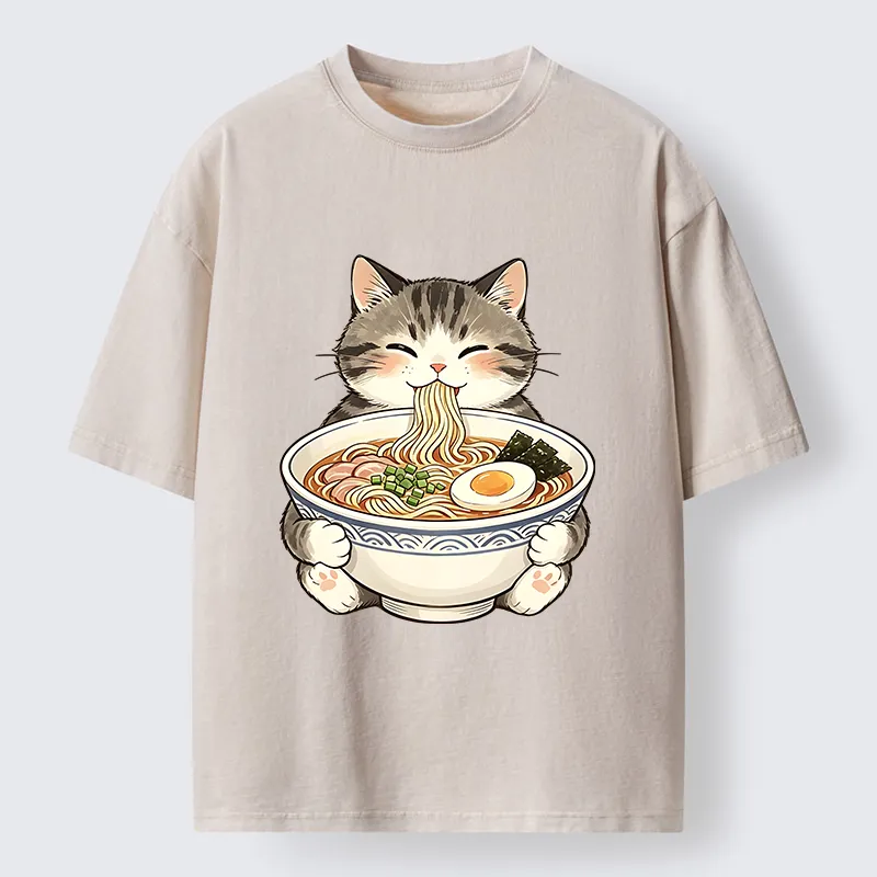 Tokyo‑Tiger Funny Cat Ramen Meme Washed T‑Shirt