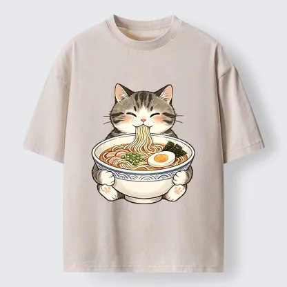 Tokyo‑Tiger Funny Cat Ramen Meme Washed T‑Shirt