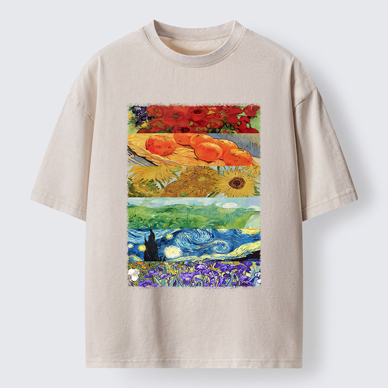 Tokyo‑Tiger Van Gogh Floral Scene Art Washed T‑Shirt