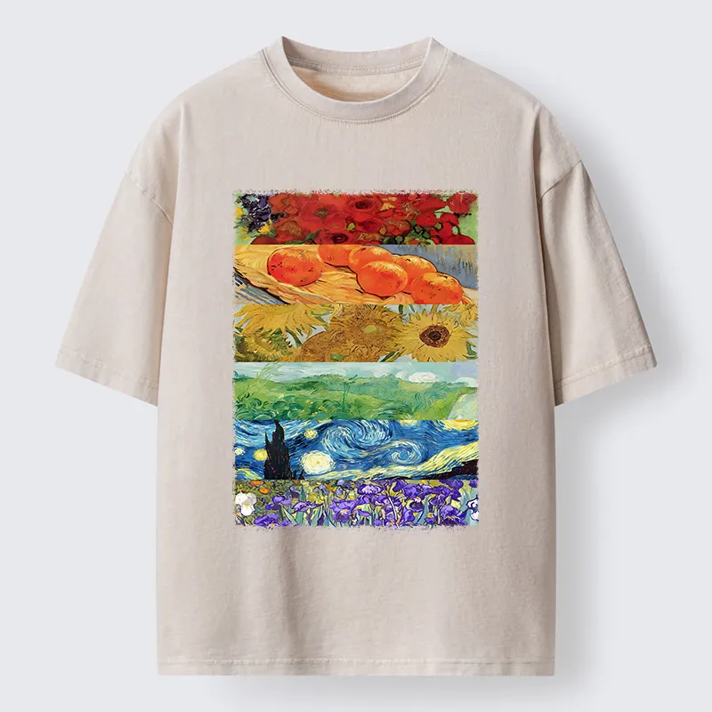 Tokyo‑Tiger Van Gogh Floral Scene Art Washed T‑Shirt