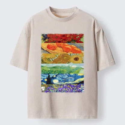 Tokyo‑Tiger Van Gogh Floral Scene Art Washed T‑Shirt