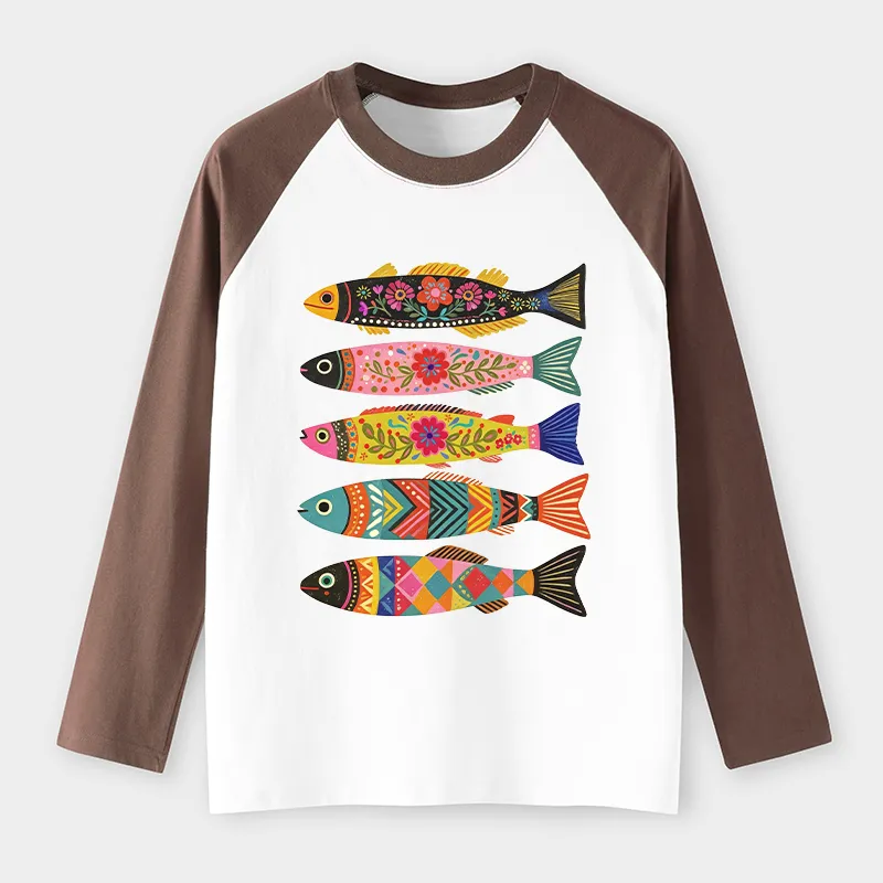Tokyo-Tiger Colorful Patterned Fish Raglan Long Sleeve T-shirt