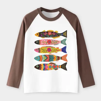 Tokyo-Tiger Colorful Patterned Fish Raglan Long Sleeve T-shirt
