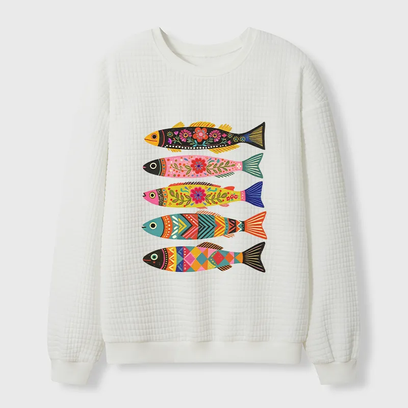 Tokyo-Tiger Colorful Patterned Fish Waffle Sweatshirt Sale