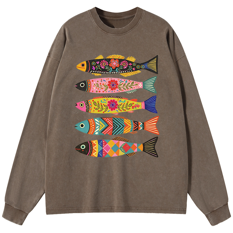 Tokyo-Tiger Colorful Patterned Fish Washed Long Sleeve T-Shirt