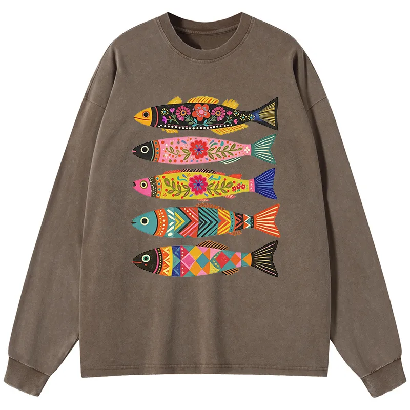 Tokyo-Tiger Colorful Patterned Fish Washed Long Sleeve T-Shirt