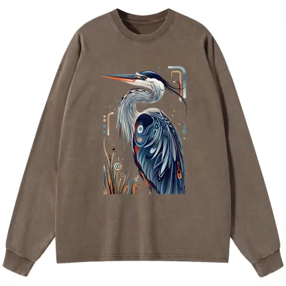 Tokyo-Tiger Stylish Blue Heron Washed Long Sleeve T-Shirt