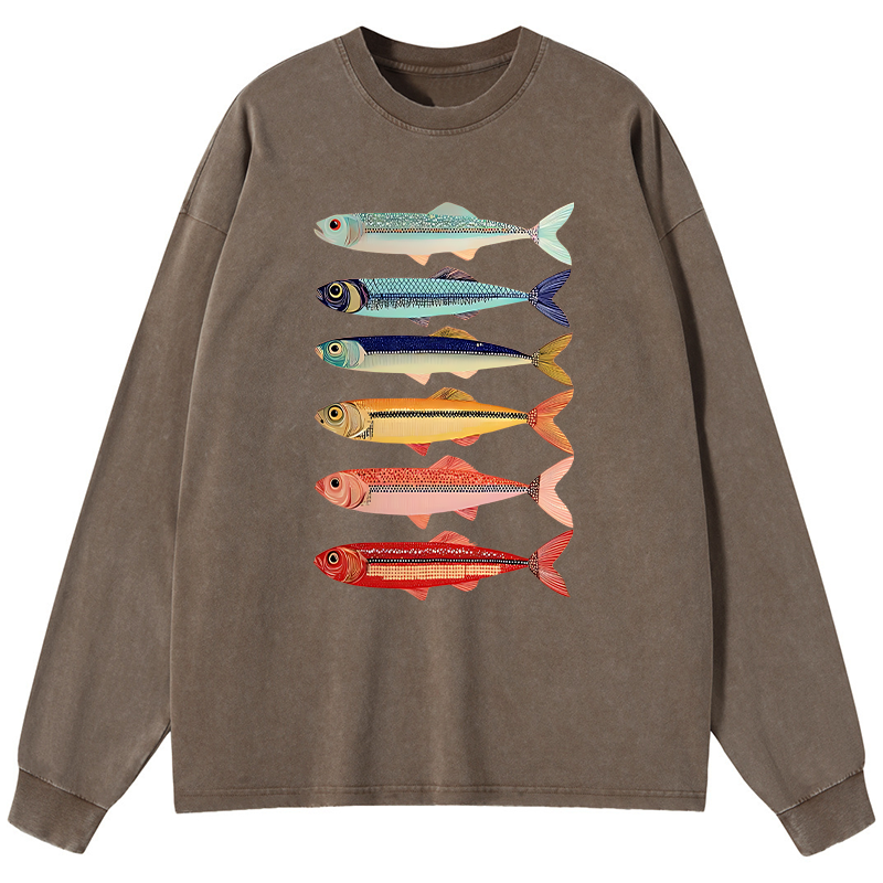 Tokyo-Tiger Colorful Fish Stack Washed Long Sleeve T-Shirt