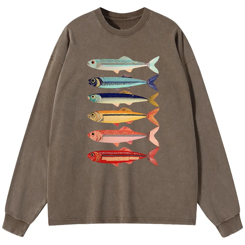 Tokyo-Tiger Colorful Fish Stack Washed Long Sleeve T-Shirt
