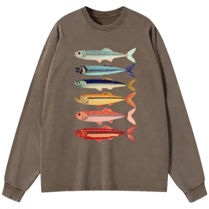 Tokyo-Tiger Colorful Fish Stack Washed Long Sleeve T-Shirt
