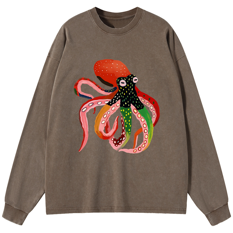 Tokyo-Tiger Colorful Octopus Art Washed Long Sleeve T-Shirt
