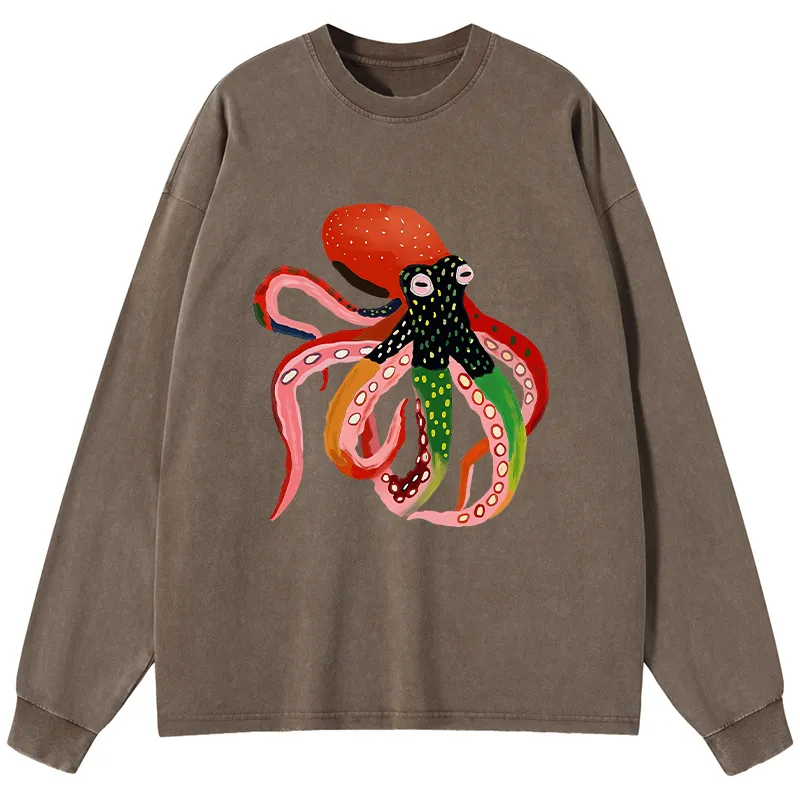 Tokyo-Tiger Colorful Octopus Art Washed Long Sleeve T-Shirt