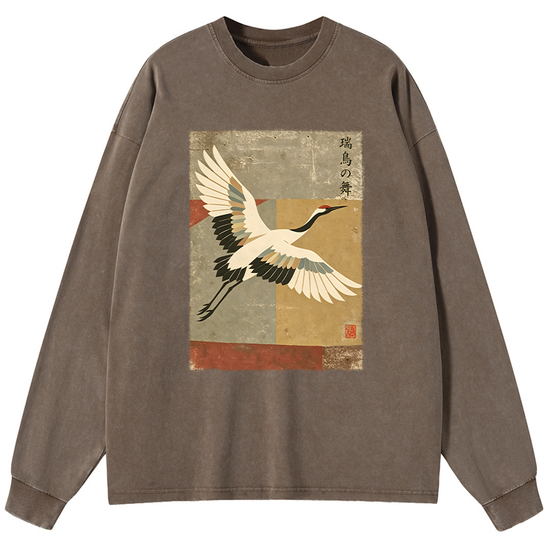 Tokyo-Tiger Crane Spirit Washed Long Sleeve T-Shirt