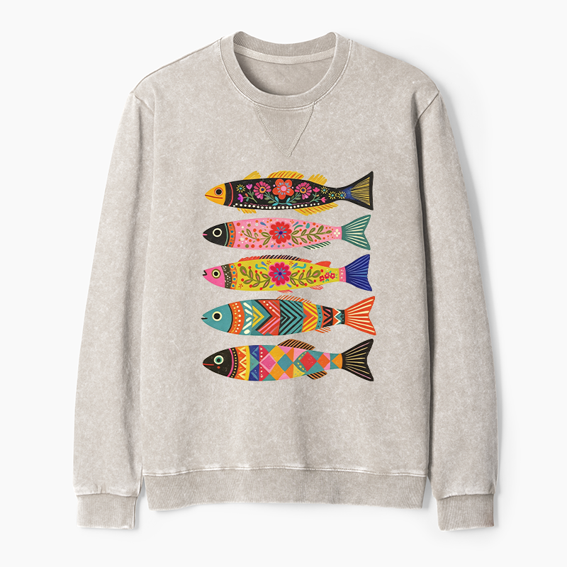 Tokyo-Tiger Colorful Patterned Fish Washed Terry Sweatshirt